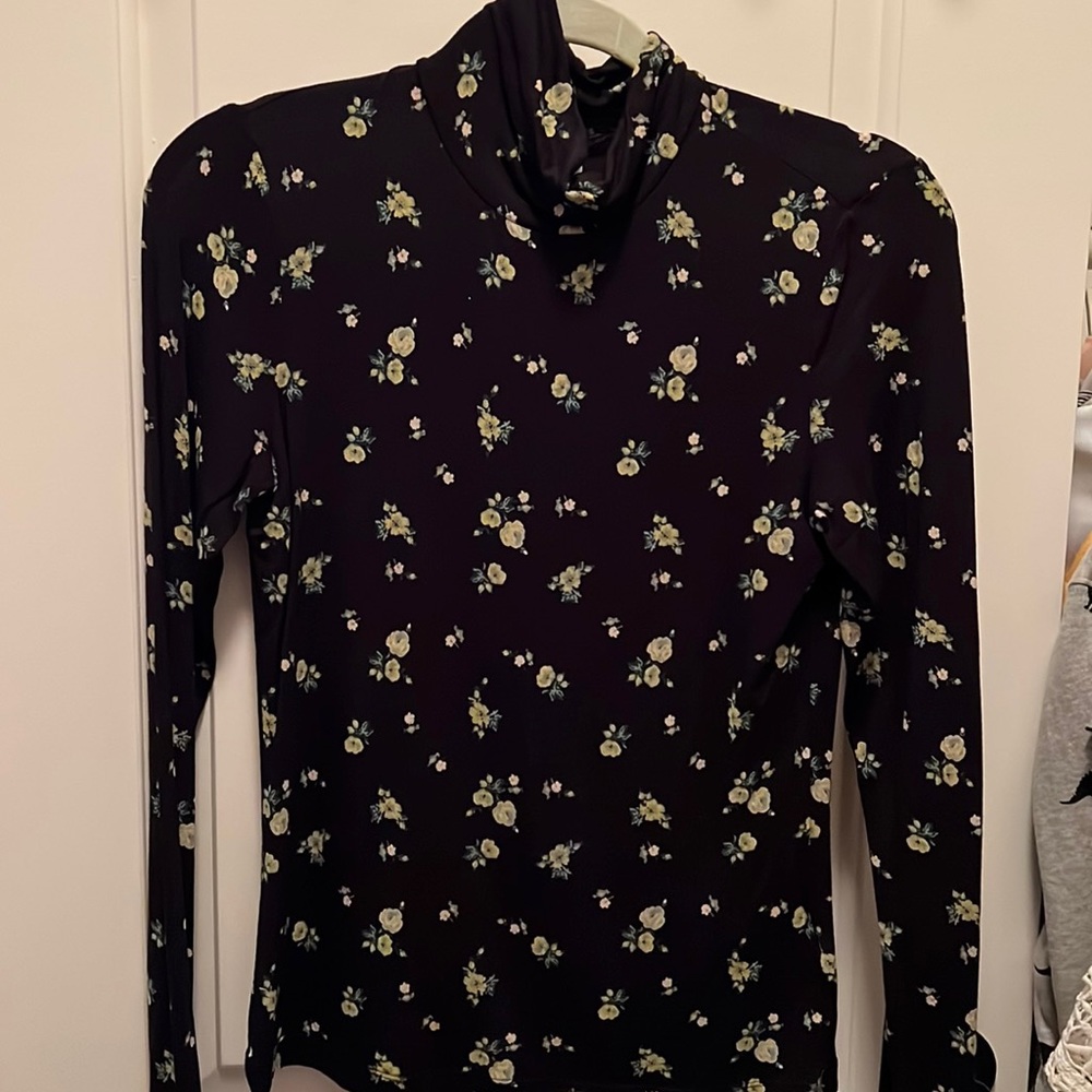Black long sleeve painted floral print turtleneck